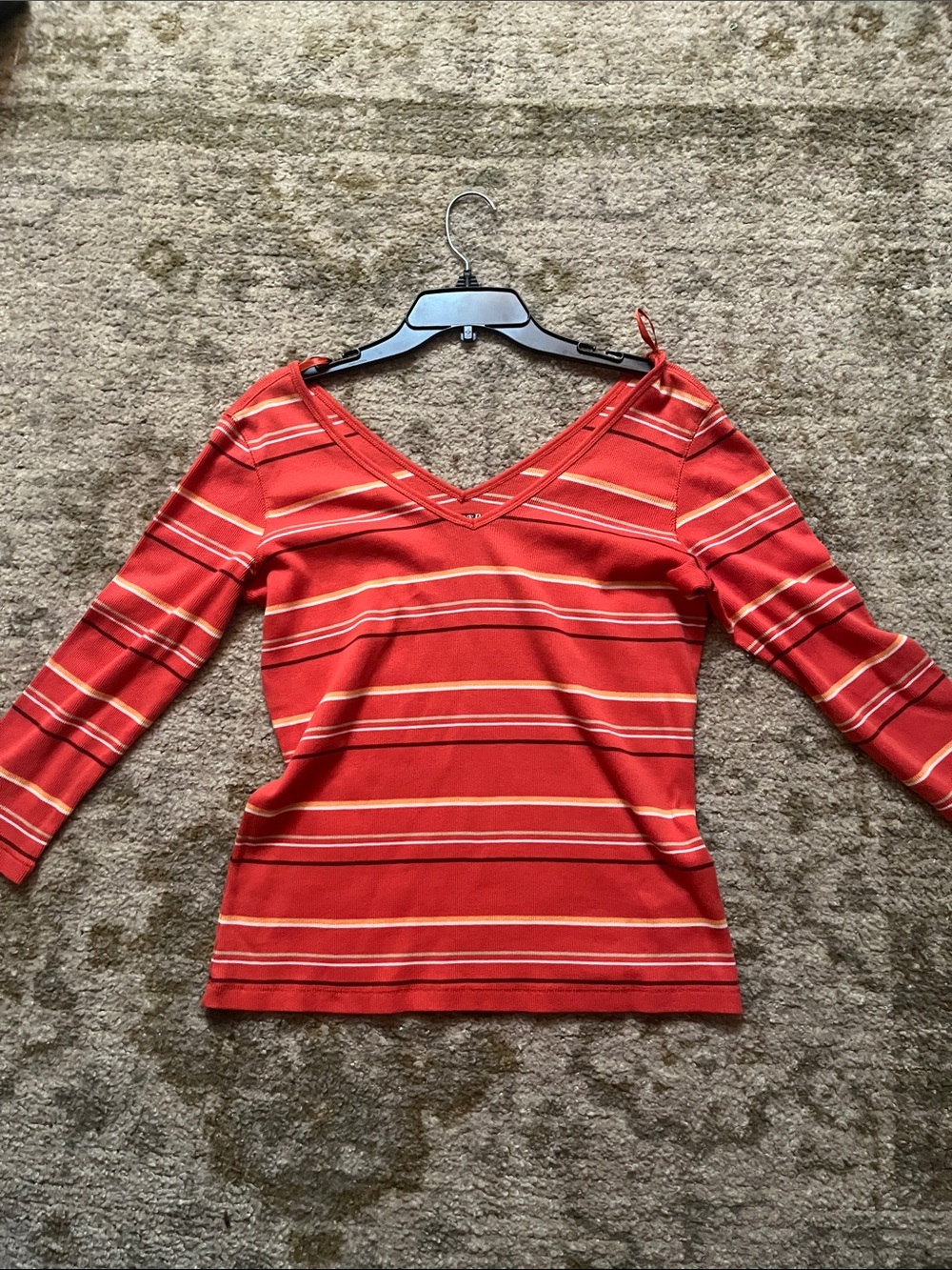 St. John's Bay Red and Cream Striped V-Neck Long Sleeve Tee
